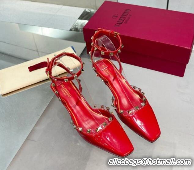 Good Looking Valentino Rockstud Slingback Pumps 5cm with Ankle Strap in Patent Calfskin Red 328008