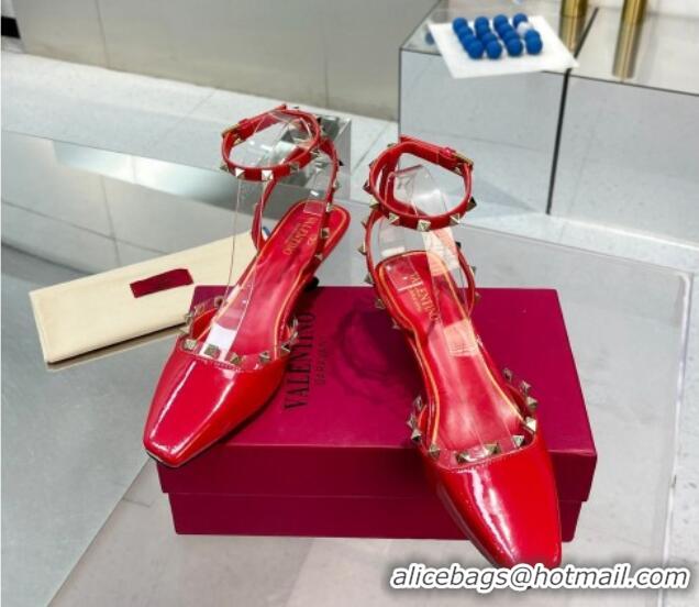 Good Looking Valentino Rockstud Slingback Pumps 5cm with Ankle Strap in Patent Calfskin Red 328008