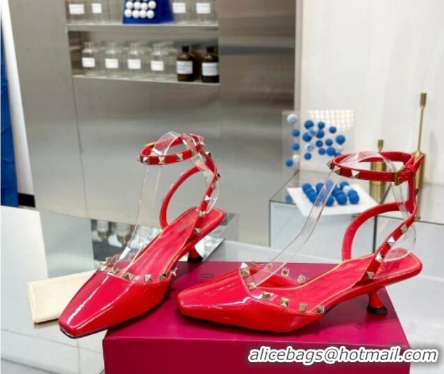 Good Looking Valentino Rockstud Slingback Pumps 5cm with Ankle Strap in Patent Calfskin Red 328008