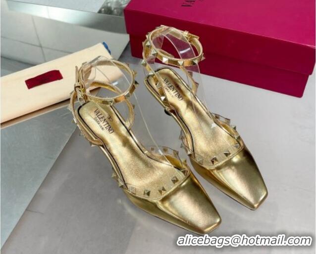 Unique Style Valentino Rockstud Slingback Pumps 5cm with Ankle Strap in Patent Calfskin Gold 0328009