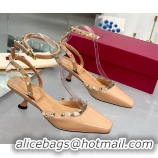 Luxurious Valentino Rockstud Slingback Pumps 5cm with Ankle Strap in Patent Calfskin Nude 0328010