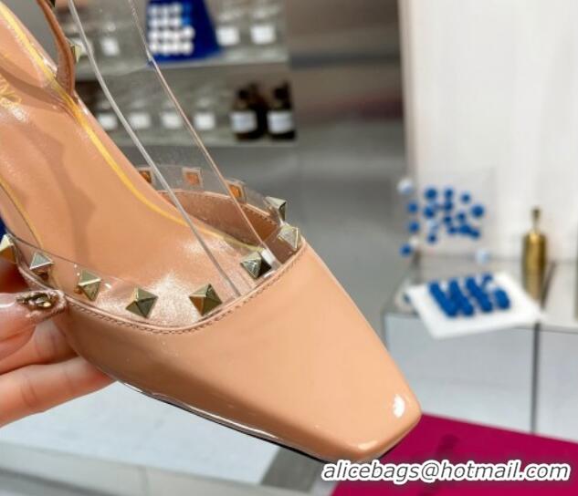 Luxurious Valentino Rockstud Slingback Pumps 5cm with Ankle Strap in Patent Calfskin Nude 0328010