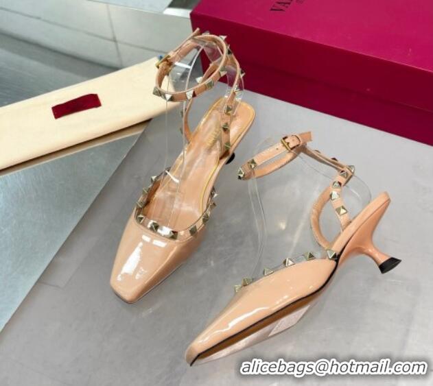 Luxurious Valentino Rockstud Slingback Pumps 5cm with Ankle Strap in Patent Calfskin Nude 0328010