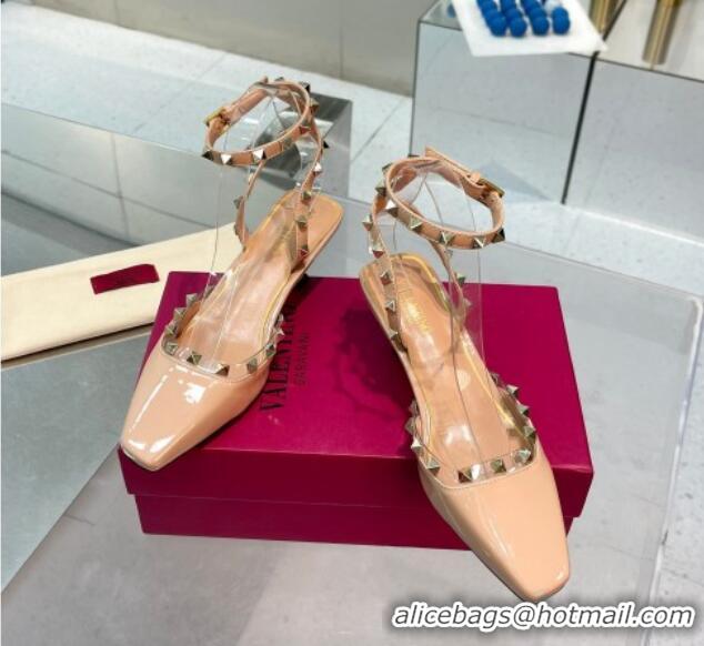 Luxurious Valentino Rockstud Slingback Pumps 5cm with Ankle Strap in Patent Calfskin Nude 0328010