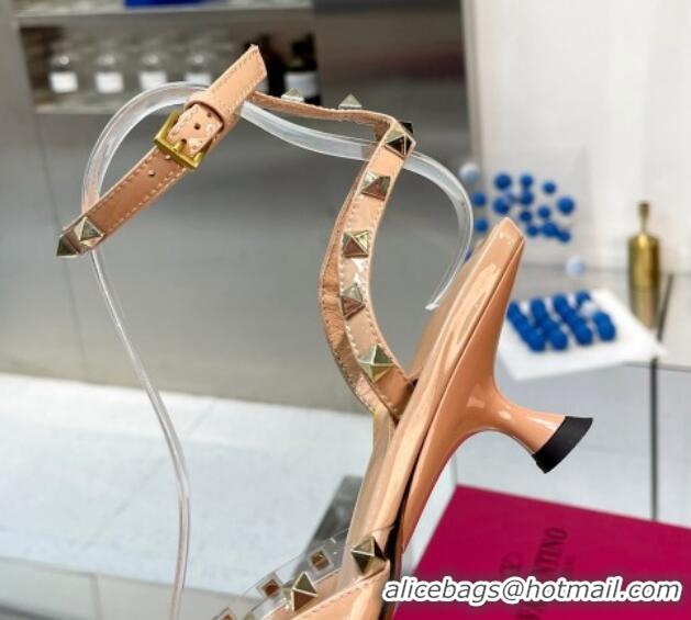 Luxurious Valentino Rockstud Slingback Pumps 5cm with Ankle Strap in Patent Calfskin Nude 0328010