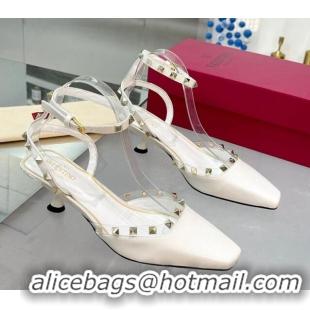 Buy Luxury Valentino Rockstud Slingback Pumps 5cm with Ankle Strap in Patent Calfskin White 0328011