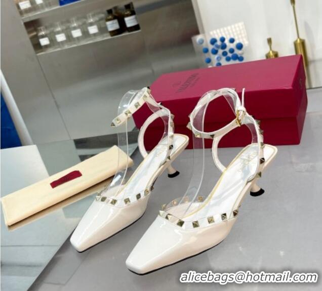 Buy Luxury Valentino Rockstud Slingback Pumps 5cm with Ankle Strap in Patent Calfskin White 0328011