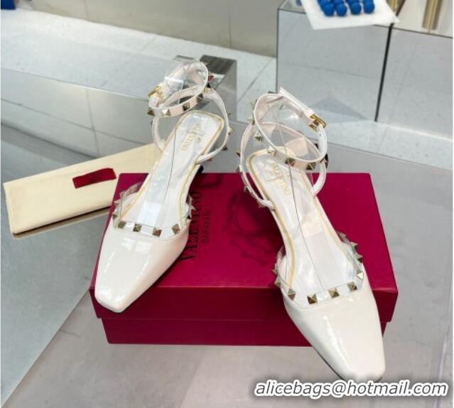 Buy Luxury Valentino Rockstud Slingback Pumps 5cm with Ankle Strap in Patent Calfskin White 0328011