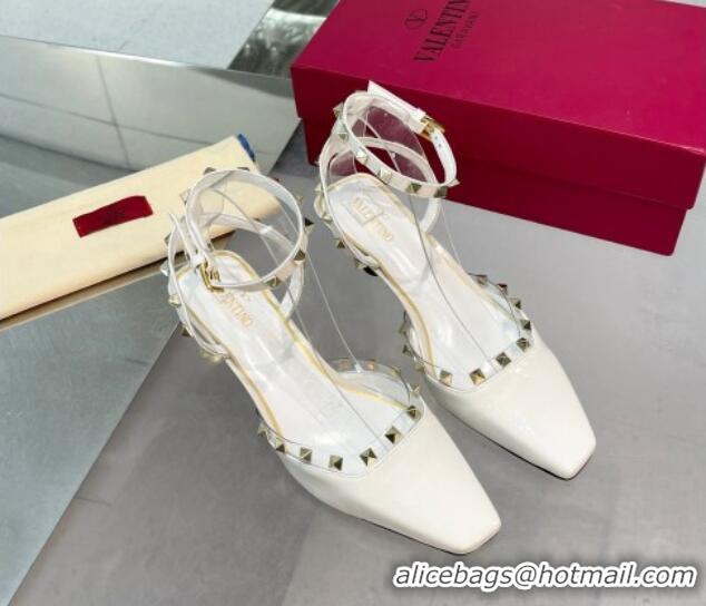 Buy Luxury Valentino Rockstud Slingback Pumps 5cm with Ankle Strap in Patent Calfskin White 0328011