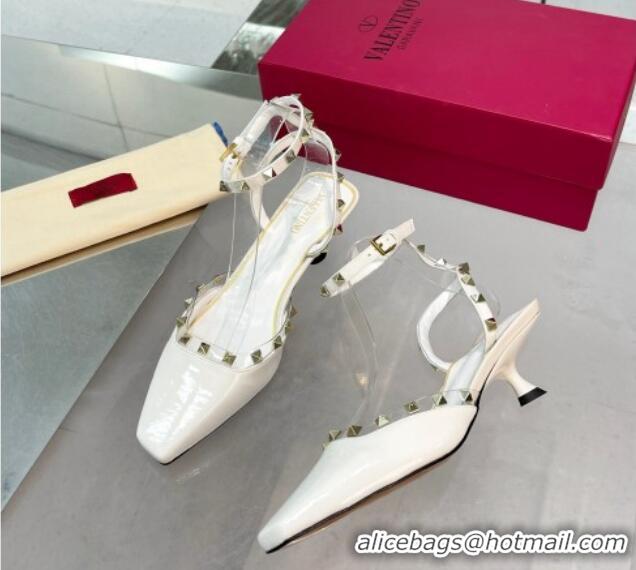 Buy Luxury Valentino Rockstud Slingback Pumps 5cm with Ankle Strap in Patent Calfskin White 0328011