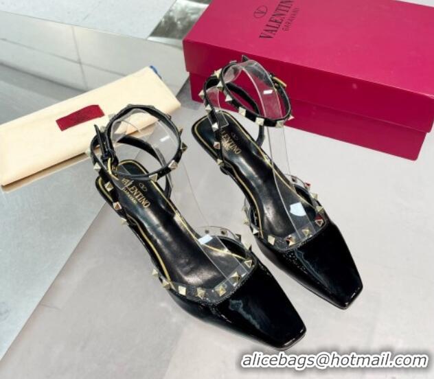 Durable Valentino Rockstud Slingback Pumps 5cm with Ankle Strap in Patent Calfskin Black 328012