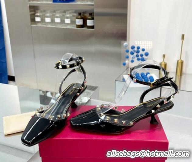 Durable Valentino Rockstud Slingback Pumps 5cm with Ankle Strap in Patent Calfskin Black 328012