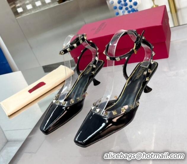 Durable Valentino Rockstud Slingback Pumps 5cm with Ankle Strap in Patent Calfskin Black 328012