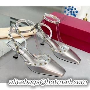 Low Cost Valentino Rockstud Slingback Pumps 5cm with Ankle Strap in Patent Calfskin Silver 328013