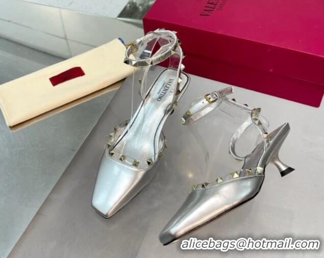 Low Cost Valentino Rockstud Slingback Pumps 5cm with Ankle Strap in Patent Calfskin Silver 328013