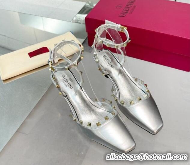 Low Cost Valentino Rockstud Slingback Pumps 5cm with Ankle Strap in Patent Calfskin Silver 328013