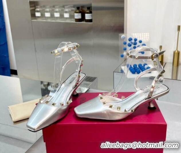 Low Cost Valentino Rockstud Slingback Pumps 5cm with Ankle Strap in Patent Calfskin Silver 328013