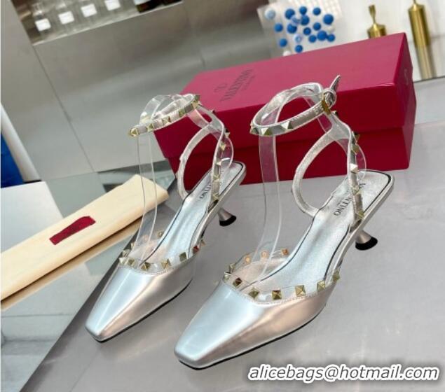 Low Cost Valentino Rockstud Slingback Pumps 5cm with Ankle Strap in Patent Calfskin Silver 328013