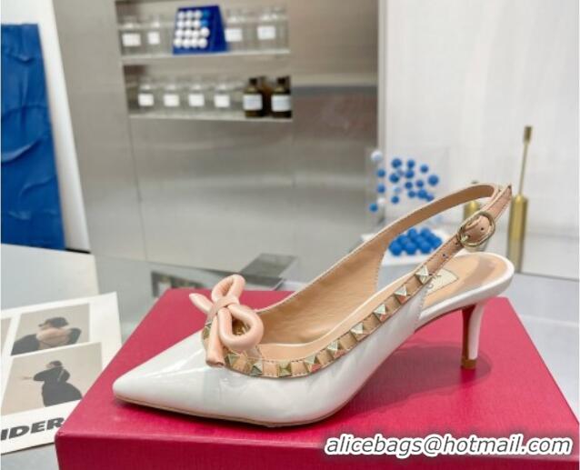 Top Design Valentino Rockstud Slingback Pumps 6.5cm with Bow in Patent Calfskin White 328014