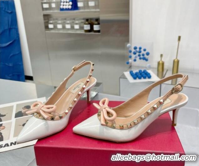 Top Design Valentino Rockstud Slingback Pumps 6.5cm with Bow in Patent Calfskin White 328014