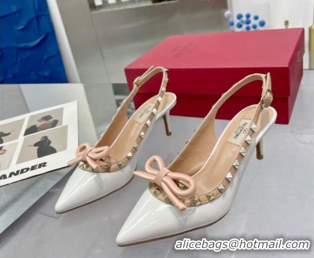 Top Design Valentino Rockstud Slingback Pumps 6.5cm with Bow in Patent Calfskin White 328014