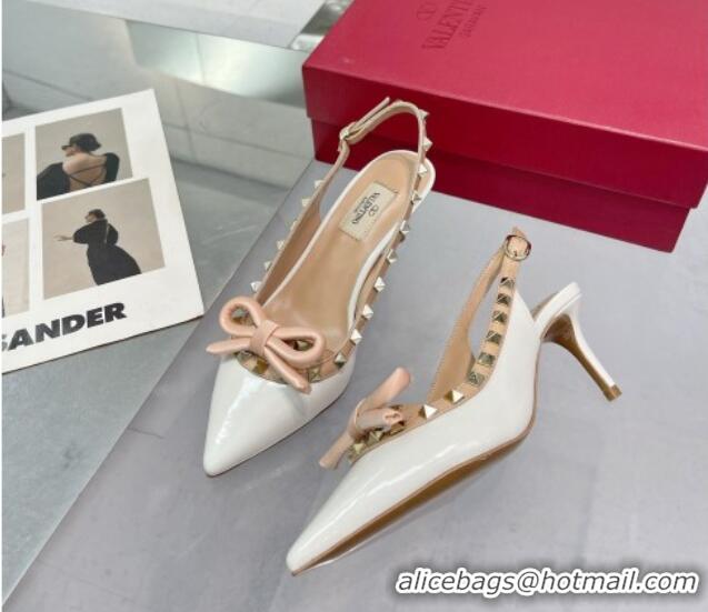 Top Design Valentino Rockstud Slingback Pumps 6.5cm with Bow in Patent Calfskin White 328014