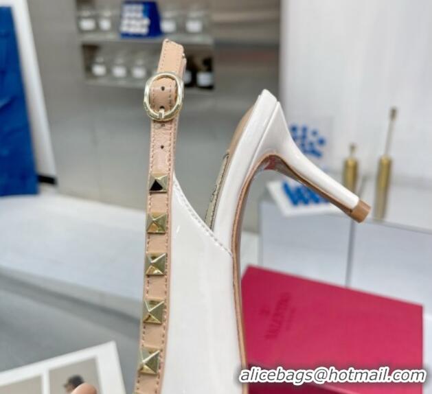 Top Design Valentino Rockstud Slingback Pumps 6.5cm with Bow in Patent Calfskin White 328014