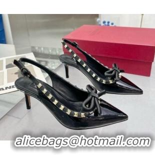 Shop Duplicate Valentino Rockstud Slingback Pumps 6.5cm with Bow in Patent Calfskin Black/Gold 328015