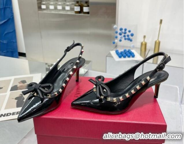 Shop Duplicate Valentino Rockstud Slingback Pumps 6.5cm with Bow in Patent Calfskin Black/Gold 328015