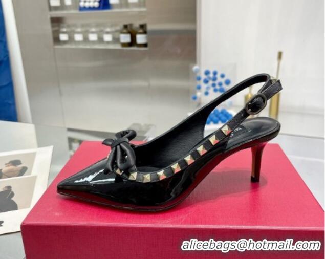 Shop Duplicate Valentino Rockstud Slingback Pumps 6.5cm with Bow in Patent Calfskin Black/Gold 328015