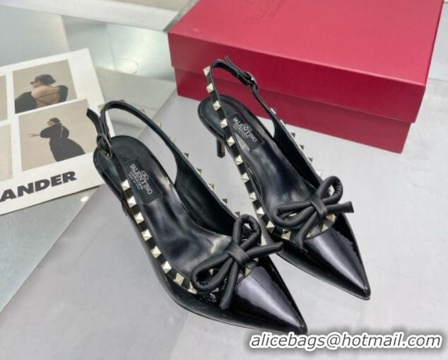 Shop Duplicate Valentino Rockstud Slingback Pumps 6.5cm with Bow in Patent Calfskin Black/Gold 328015