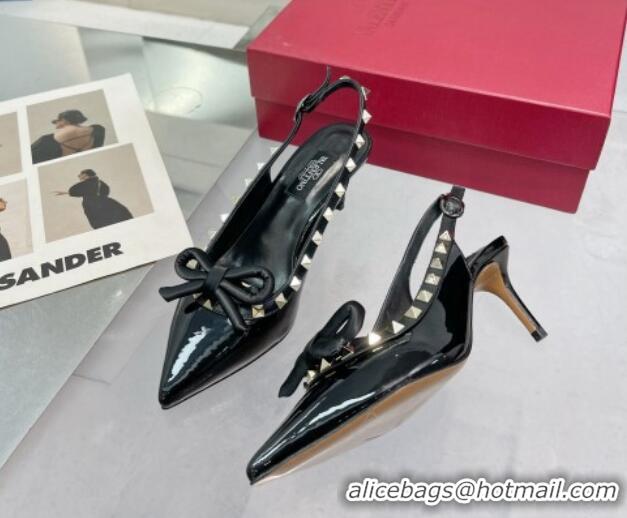 Shop Duplicate Valentino Rockstud Slingback Pumps 6.5cm with Bow in Patent Calfskin Black/Gold 328015