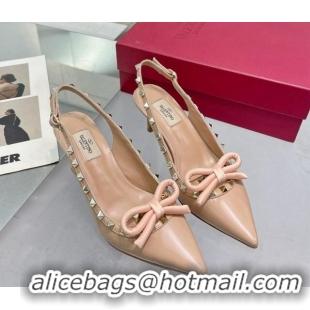 Youthful Valentino Rockstud Slingback Pumps 6.5cm with Bow in Patent Calfskin Nude 328016