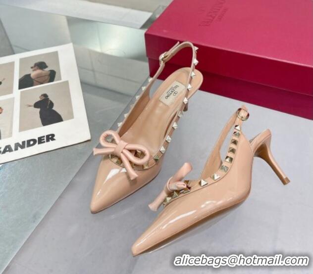 Youthful Valentino Rockstud Slingback Pumps 6.5cm with Bow in Patent Calfskin Nude 328016