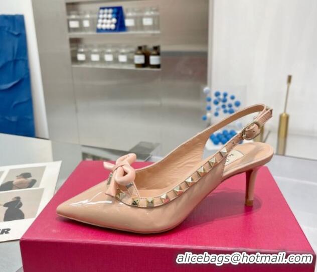 Youthful Valentino Rockstud Slingback Pumps 6.5cm with Bow in Patent Calfskin Nude 328016