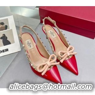 Charming Valentino Rockstud Slingback Pumps 6.5cm with Bow in Patent Calfskin Red 328017