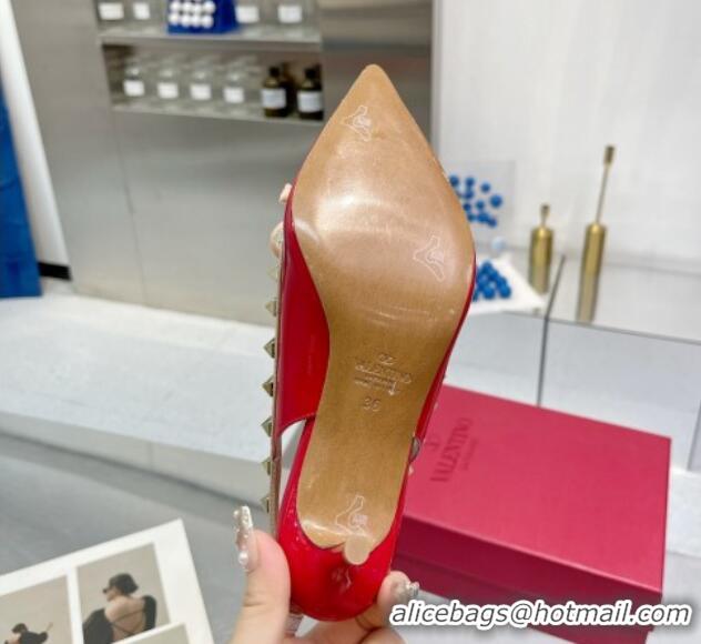 Charming Valentino Rockstud Slingback Pumps 6.5cm with Bow in Patent Calfskin Red 328017