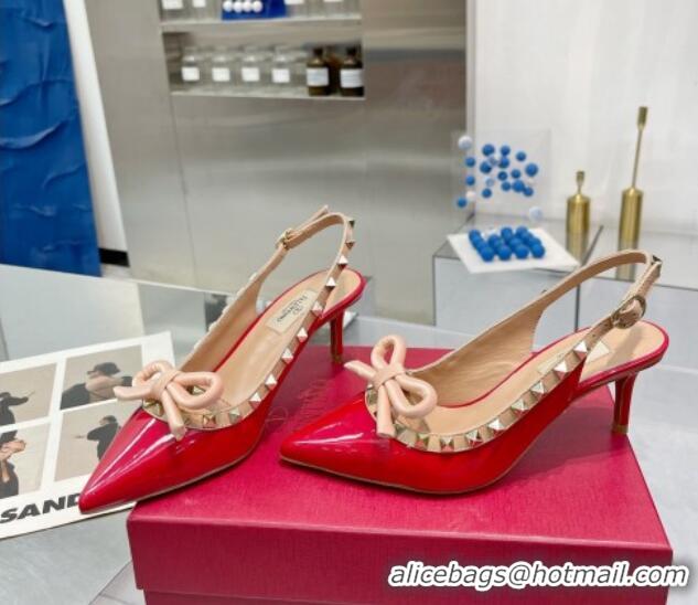 Charming Valentino Rockstud Slingback Pumps 6.5cm with Bow in Patent Calfskin Red 328017