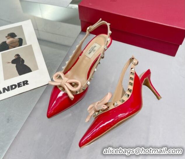 Charming Valentino Rockstud Slingback Pumps 6.5cm with Bow in Patent Calfskin Red 328017