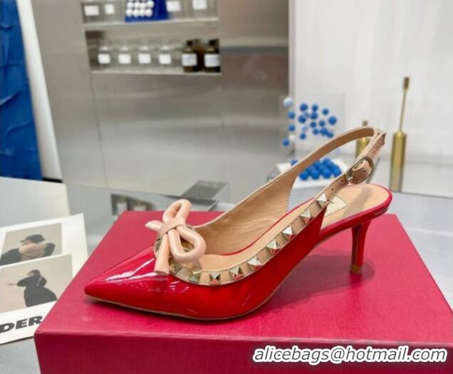 Charming Valentino Rockstud Slingback Pumps 6.5cm with Bow in Patent Calfskin Red 328017