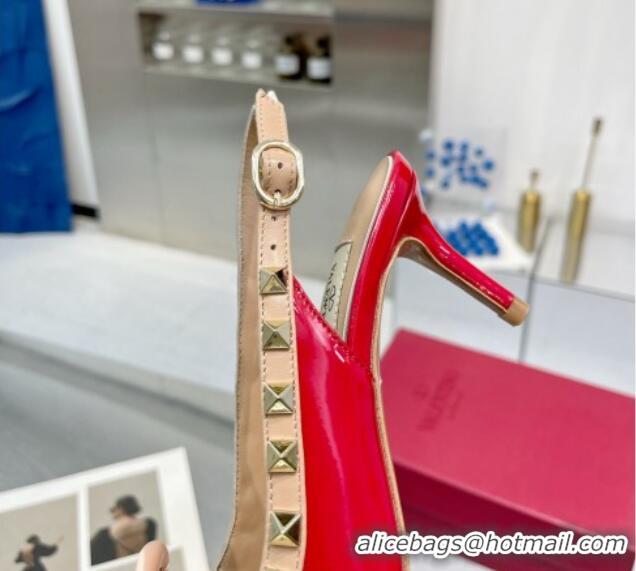 Charming Valentino Rockstud Slingback Pumps 6.5cm with Bow in Patent Calfskin Red 328017