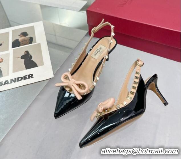 Popular Style Valentino Rockstud Slingback Pumps 6.5cm with Bow in Patent Calfskin Black 328018