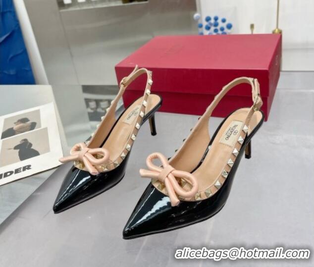 Popular Style Valentino Rockstud Slingback Pumps 6.5cm with Bow in Patent Calfskin Black 328018