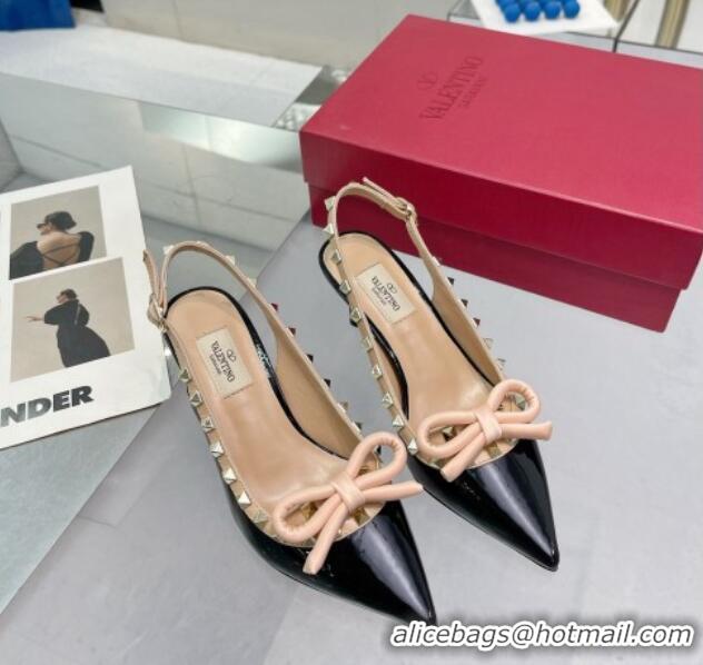 Popular Style Valentino Rockstud Slingback Pumps 6.5cm with Bow in Patent Calfskin Black 328018