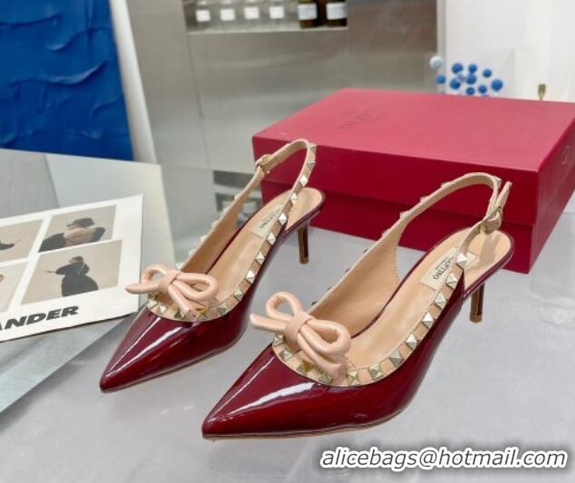 Sumptuous Valentino Rockstud Slingback Pumps 6.5cm with Bow in Patent Calfskin Burgundy 0328019