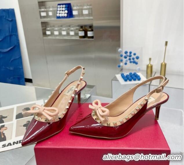 Sumptuous Valentino Rockstud Slingback Pumps 6.5cm with Bow in Patent Calfskin Burgundy 0328019