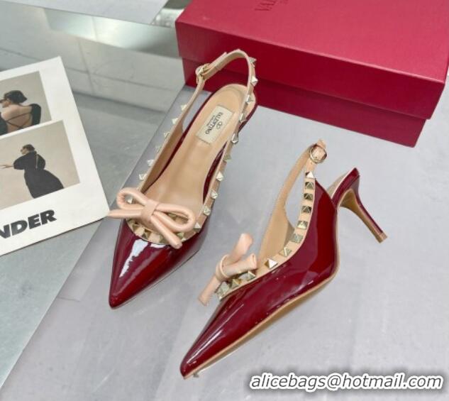 Sumptuous Valentino Rockstud Slingback Pumps 6.5cm with Bow in Patent Calfskin Burgundy 0328019