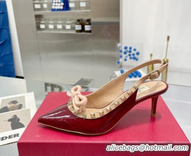 Sumptuous Valentino Rockstud Slingback Pumps 6.5cm with Bow in Patent Calfskin Burgundy 0328019