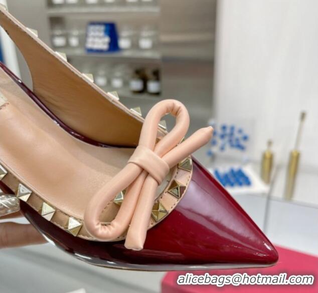 Sumptuous Valentino Rockstud Slingback Pumps 6.5cm with Bow in Patent Calfskin Burgundy 0328019