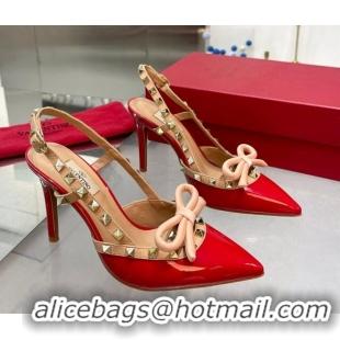 Perfect Valentino Rockstud Slingback Pumps 9.5cm with Bow in Patent Calfskin Red 328020